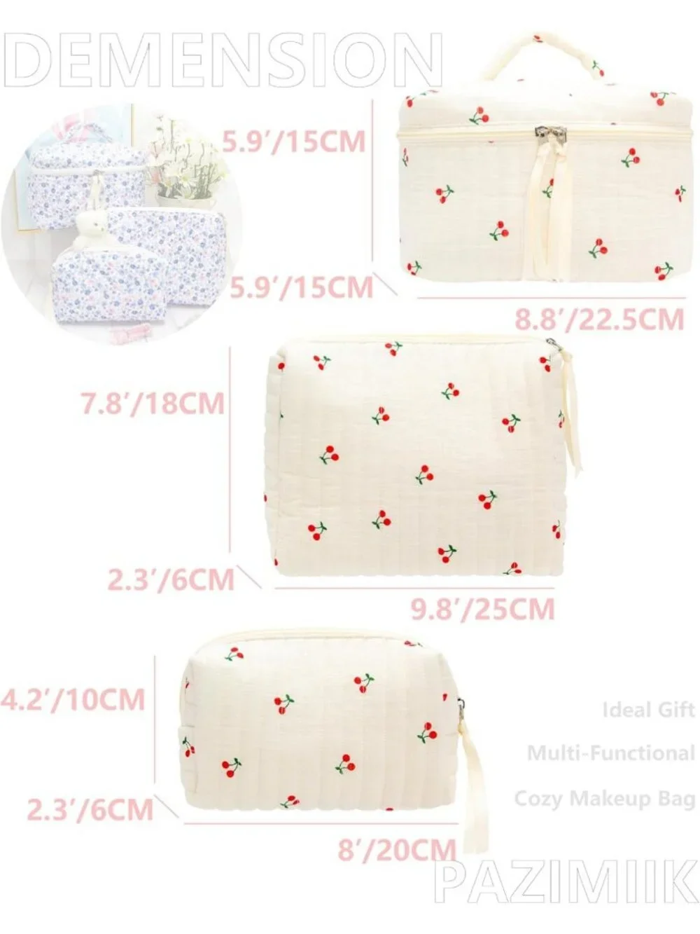 3 Piece Quilted Makeup Bag Set - Cute Zipper Organizer for Cosmetics, Toiletries